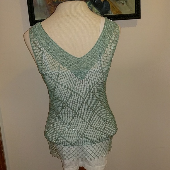 BEST OF YESTERDAY Seafoam HandKnit Crochet Beaded Swim Coverup Stretchy Top $125 - Picture 5 of 10